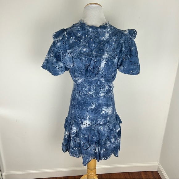 LoveShackFancy Fritzi Ruffle Eyelet Lace Mini Dress Midnight Tie Dye Blue Size 4 - Picture 5 of 9